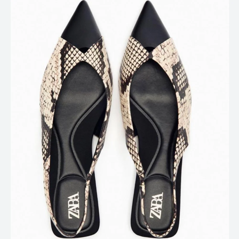 Zara Black & Snake Print Pointed Slingback Flats